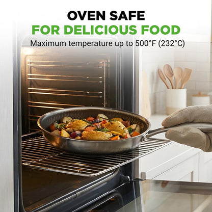 10" Stainless Steel Frying Pan, Non-Stick, Scratch-Resistant, w/Glass Lid