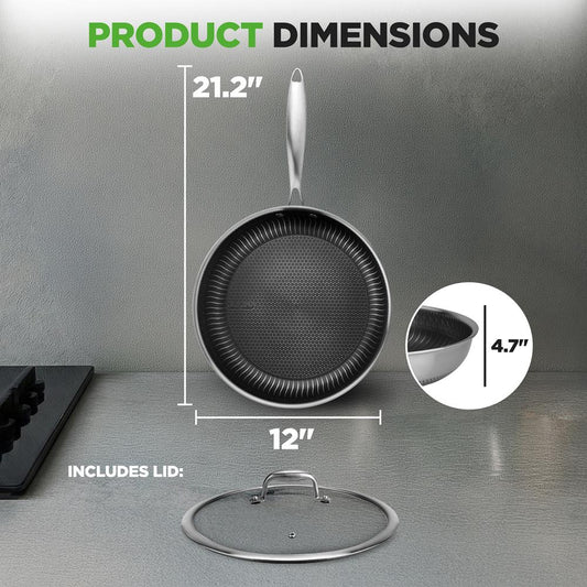 12" Stainless Steel Frying Pan - Non-Stick, Scratch-Resistant, Silver