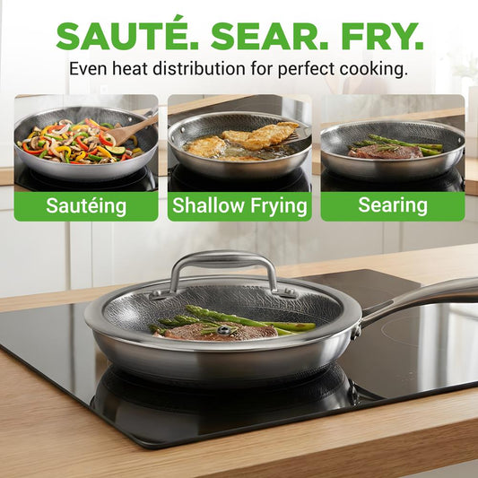 8" Non-Stick Frying Pan, Scratch-Resistant Stainless Steel, w/Glass Lid