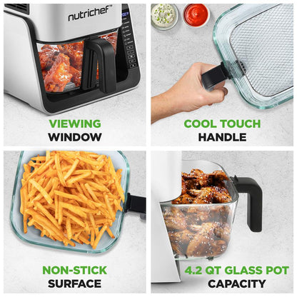 4 QT Air Fryer Grill Combo, Even Cooking, Glass Pot, White