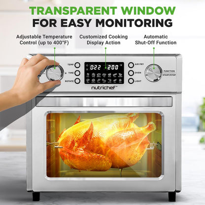 26L Electric Air Fryer Oven, Rotisserie, 1700W, 10 Presets, Silver