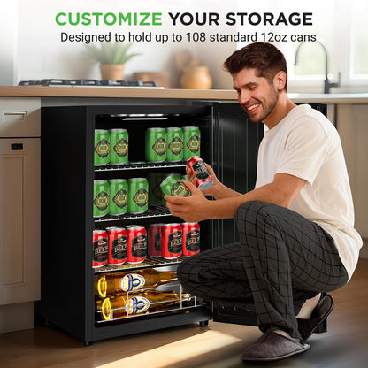 Beer Fridge 108-Can Capacity Glass Door Adjustable Temp Control