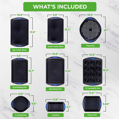 10-Piece Nonstick Bakeware Set - Easy Clean Carbon Steel, Red Handles