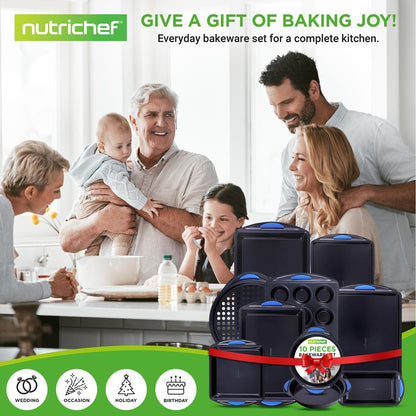 10-Piece Nonstick Bakeware Set - Easy Clean Carbon Steel, Red Handles