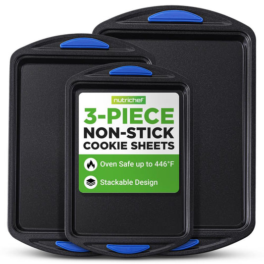 3-Piece Nonstick Cookie Sheets Set - Easy Cleanup Carbon Steel, Blue Handles