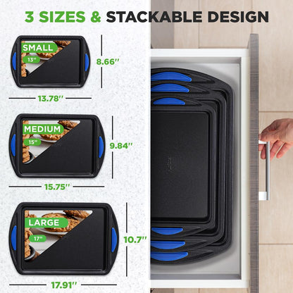 3-Piece Nonstick Cookie Sheets Set - Easy Cleanup Carbon Steel, Blue Handles