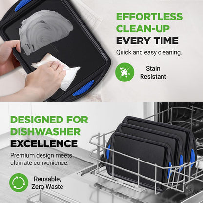 3-Piece Nonstick Cookie Sheets Set - Easy Cleanup Carbon Steel, Blue Handles