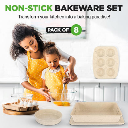 8-Piece Non-Stick Bakeware Set, Stackable Carbon Steel, Marble Cream