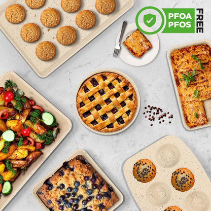 8-Piece Non-Stick Bakeware Set, Stackable Carbon Steel, Marble Cream