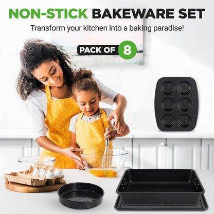 8-Piece Non-Stick Bakeware Set, Stackable Carbon Steel, Black Marble