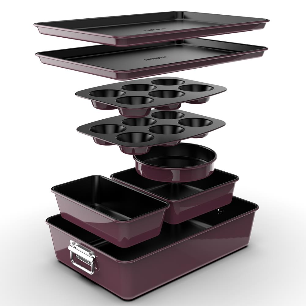 8-Piece Nonstick Bakeware Set - Space-Saving Stackable Design, Purple