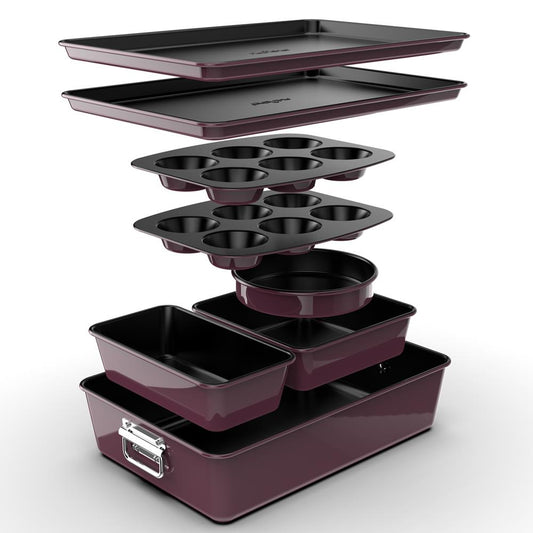 8-Piece Nonstick Bakeware Set - Space-Saving Stackable Design, Purple