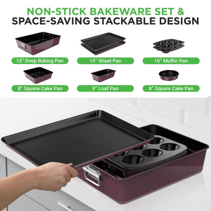 8-Piece Nonstick Bakeware Set - Space-Saving Stackable Design, Purple