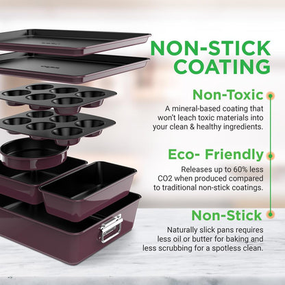 8-Piece Nonstick Bakeware Set - Space-Saving Stackable Design, Purple