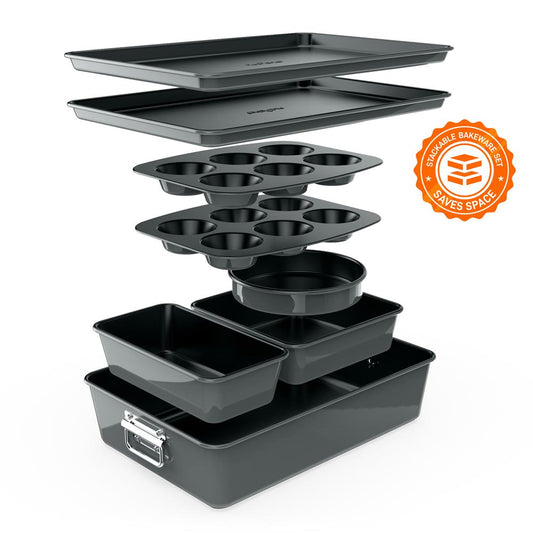 8-Piece Nonstick Bakeware Set - Space-Saving Carbon Steel, Gray