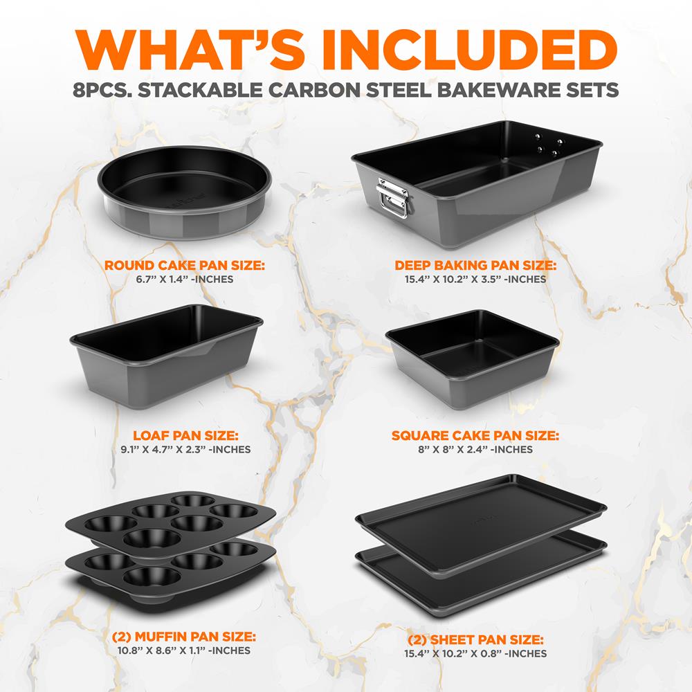 8-Piece Nonstick Bakeware Set Space-Saving Carbon Steel, Gray