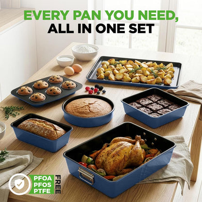 8-Piece Nonstick Bakeware Set - Space-Saving Carbon Steel, Blue