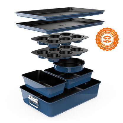 8-Piece Nonstick Bakeware Set - Space-Saving Carbon Steel, Blue