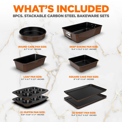 8-Piece Nonstick Bakeware Set - Space-Saving Carbon Steel, Brown