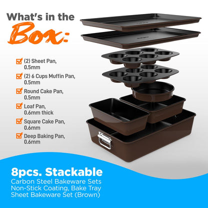 8-Piece Nonstick Bakeware Set - Space-Saving Carbon Steel, Brown