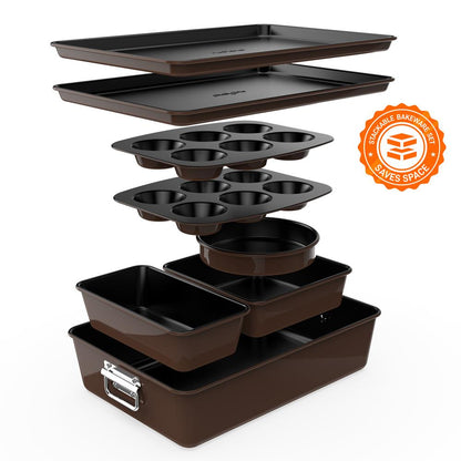8-Piece Nonstick Bakeware Set - Space-Saving Carbon Steel, Brown