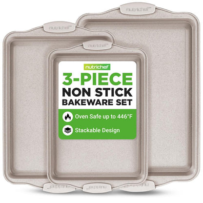 3-Piece Nonstick Cookie Sheets Set, Even Heat, Carbon Steel, Cream Marble
