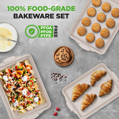 3-Piece Nonstick Cookie Sheets Set, Even Heat, Carbon Steel, Cream Marble