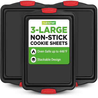 3-Piece Nonstick Cookie Sheets - Even Heat Carbon Steel, Red Handles