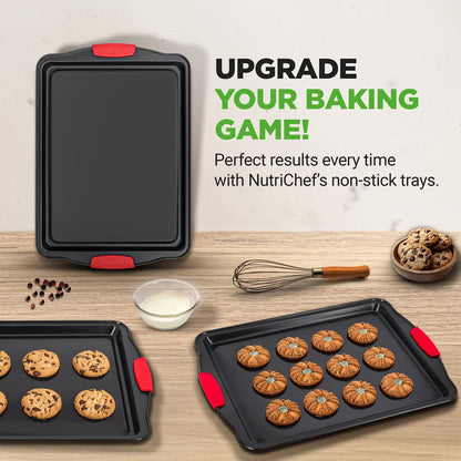 3-Piece Nonstick Cookie Sheets - Even Heat Carbon Steel, Red Handles