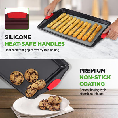3-Piece Nonstick Cookie Sheets - Even Heat Carbon Steel, Red Handles
