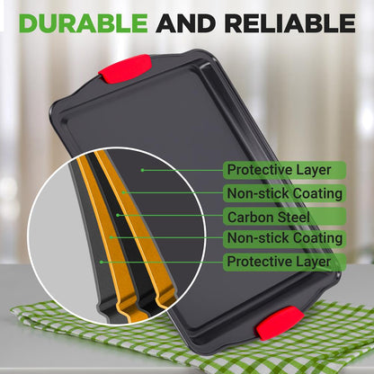 3-Piece Nonstick Cookie Sheets - Even Heat Carbon Steel, Red Handles