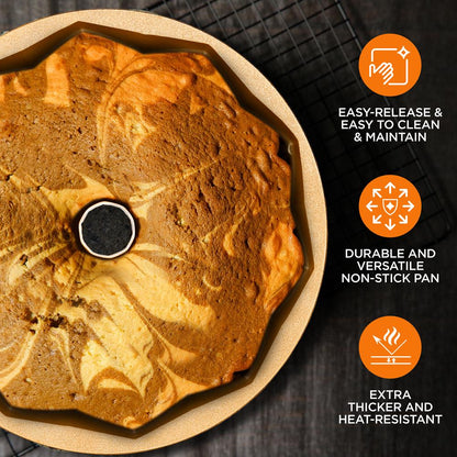 9" Cake Pan - Uniform Baking, Nonstick Thick and Heavy Cast Aluminum, Gold