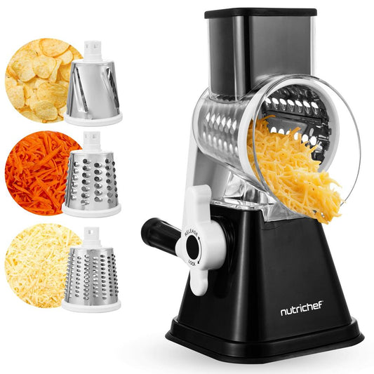 Rotary Cheese Grater With Handle And 3 Replaceable Drum Blades - Kitchen Mandoline Vegetable Slicer And Cheese Shredder (Black)