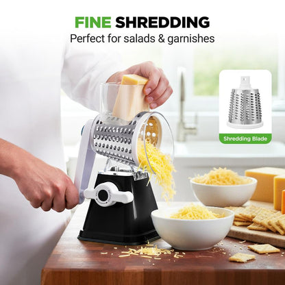 Rotary Cheese Grater With Handle And 3 Replaceable Drum Blades - Kitchen Mandoline Vegetable Slicer And Cheese Shredder (Black)