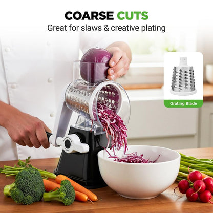 Rotary Cheese Grater With Handle And 3 Replaceable Drum Blades - Kitchen Mandoline Vegetable Slicer And Cheese Shredder (Black)