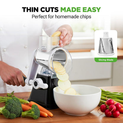 Rotary Cheese Grater With Handle And 3 Replaceable Drum Blades - Kitchen Mandoline Vegetable Slicer And Cheese Shredder (Black)