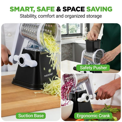 Rotary Cheese Grater With Handle And 3 Replaceable Drum Blades - Kitchen Mandoline Vegetable Slicer And Cheese Shredder (Black)