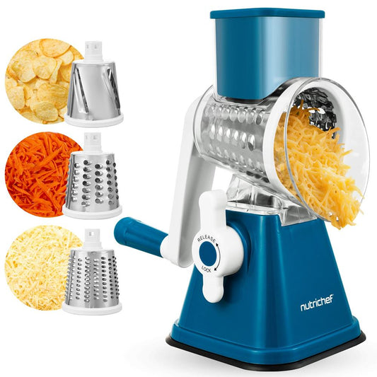 Rotary Cheese Grater With Handle And 3 Replaceable Drum Blades - Kitchen Mandoline Vegetable Slicer And Cheese Shredder (Blue)