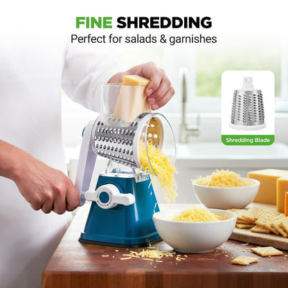 Rotary Cheese Grater With Handle And 3 Replaceable Drum Blades - Kitchen Mandoline Vegetable Slicer And Cheese Shredder (Blue)