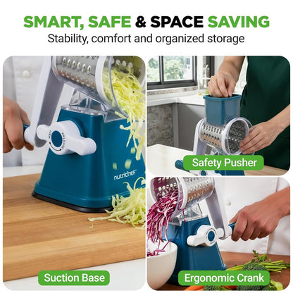Rotary Cheese Grater With Handle And 3 Replaceable Drum Blades - Kitchen Mandoline Vegetable Slicer And Cheese Shredder (Blue)