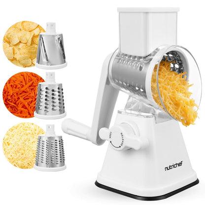 Rotary Cheese Grater With Handle And 3 Replaceable Drum Blades - Kitchen Mandoline Vegetable Slicer And Cheese Shredder (White)