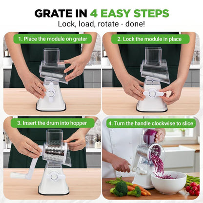 Rotary Cheese Grater With Handle And 3 Replaceable Drum Blades - Kitchen Mandoline Vegetable Slicer And Cheese Shredder (White)