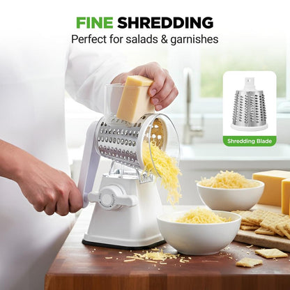 Rotary Cheese Grater With Handle And 3 Replaceable Drum Blades - Kitchen Mandoline Vegetable Slicer And Cheese Shredder (White)
