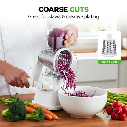 Rotary Cheese Grater With Handle And 3 Replaceable Drum Blades - Kitchen Mandoline Vegetable Slicer And Cheese Shredder (White)