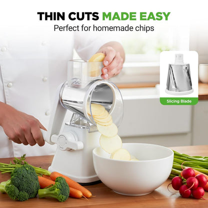 Rotary Cheese Grater With Handle And 3 Replaceable Drum Blades - Kitchen Mandoline Vegetable Slicer And Cheese Shredder (White)