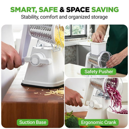Rotary Cheese Grater With Handle And 3 Replaceable Drum Blades - Kitchen Mandoline Vegetable Slicer And Cheese Shredder (White)