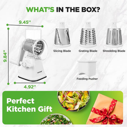 Rotary Cheese Grater With Handle And 3 Replaceable Drum Blades - Kitchen Mandoline Vegetable Slicer And Cheese Shredder (White)