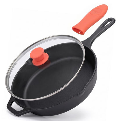 10" Cast Iron Skillet with Lid - Non-Stick, Oven Safe, Orange Handle