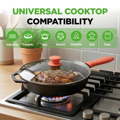 10" Cast Iron Skillet with Lid - Non-Stick, Oven Safe, Orange Handle