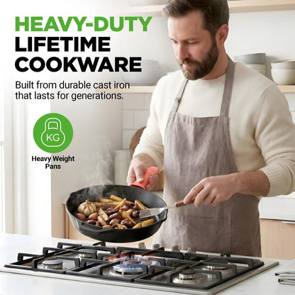 10" Cast Iron Skillet with Lid - Non-Stick, Oven Safe, Orange Handle